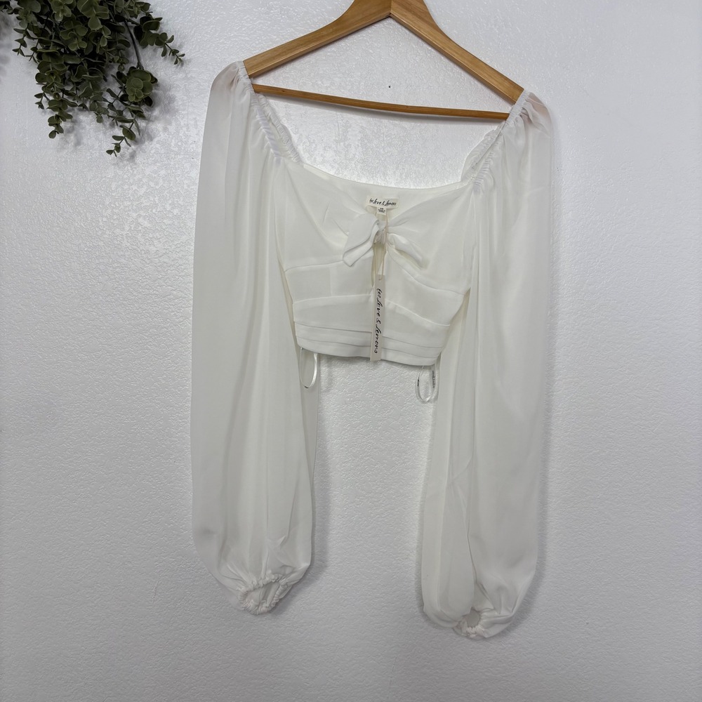NWT For Love & Lemons Trisha Crop Top White Square Neck Long Sleeve Tie Front XS - Picture 9 of 13